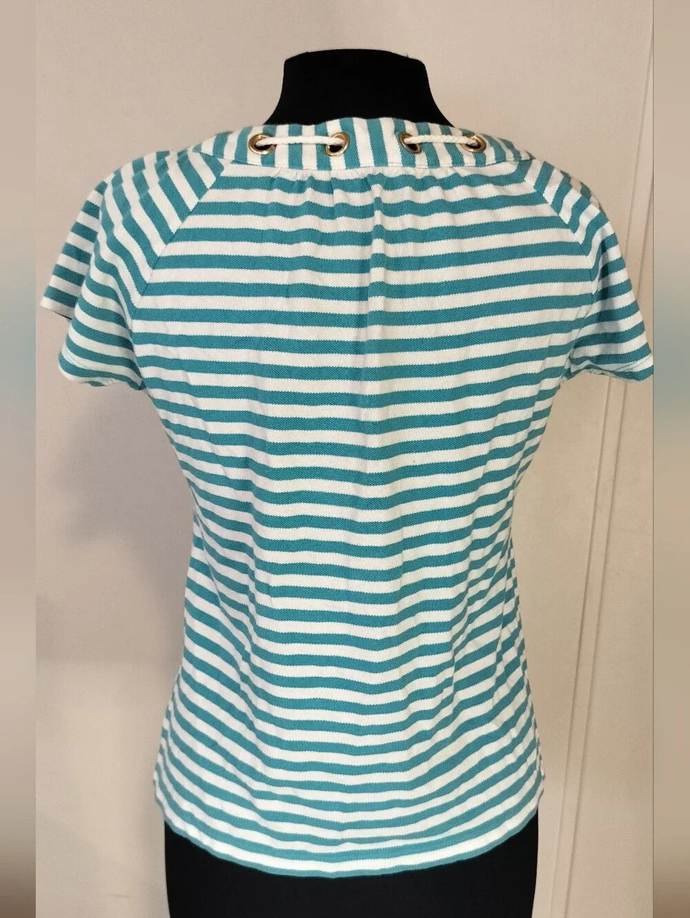 Michael Kors Teal and White Striped Tie-Neck Short Sleeve Top